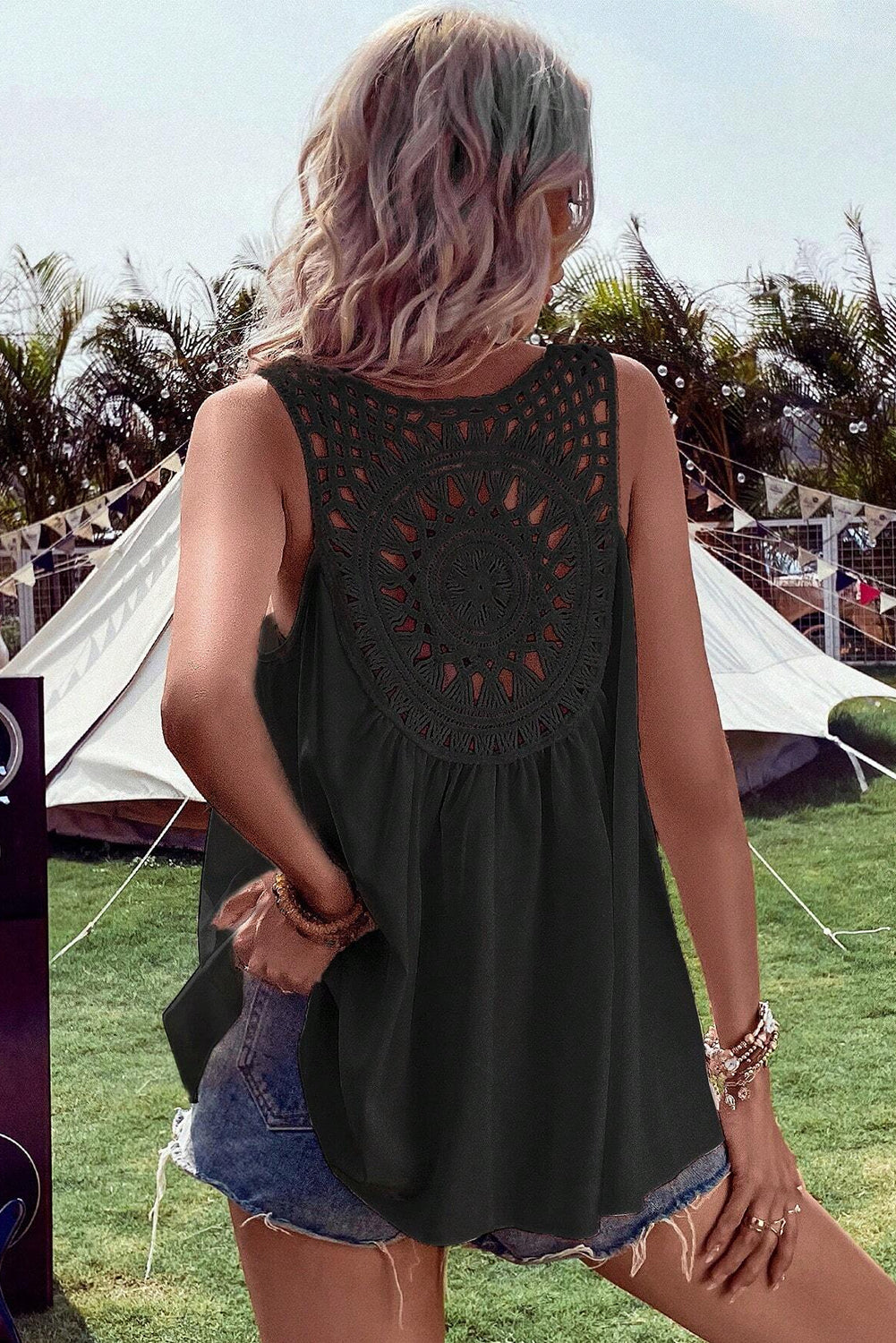 Black Bohemian Crochet Patchwork Sleeveless Tunic Top