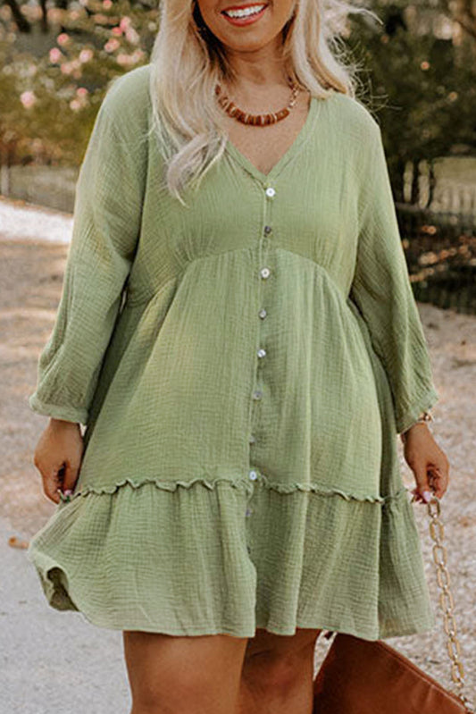 Green Textured Ruffled Buttoned V Neck Plus Size Short Dress