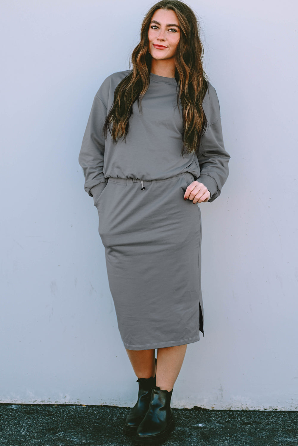 Dark Grey Drop Sleeve Pullover and Slit Midi Skirt Set