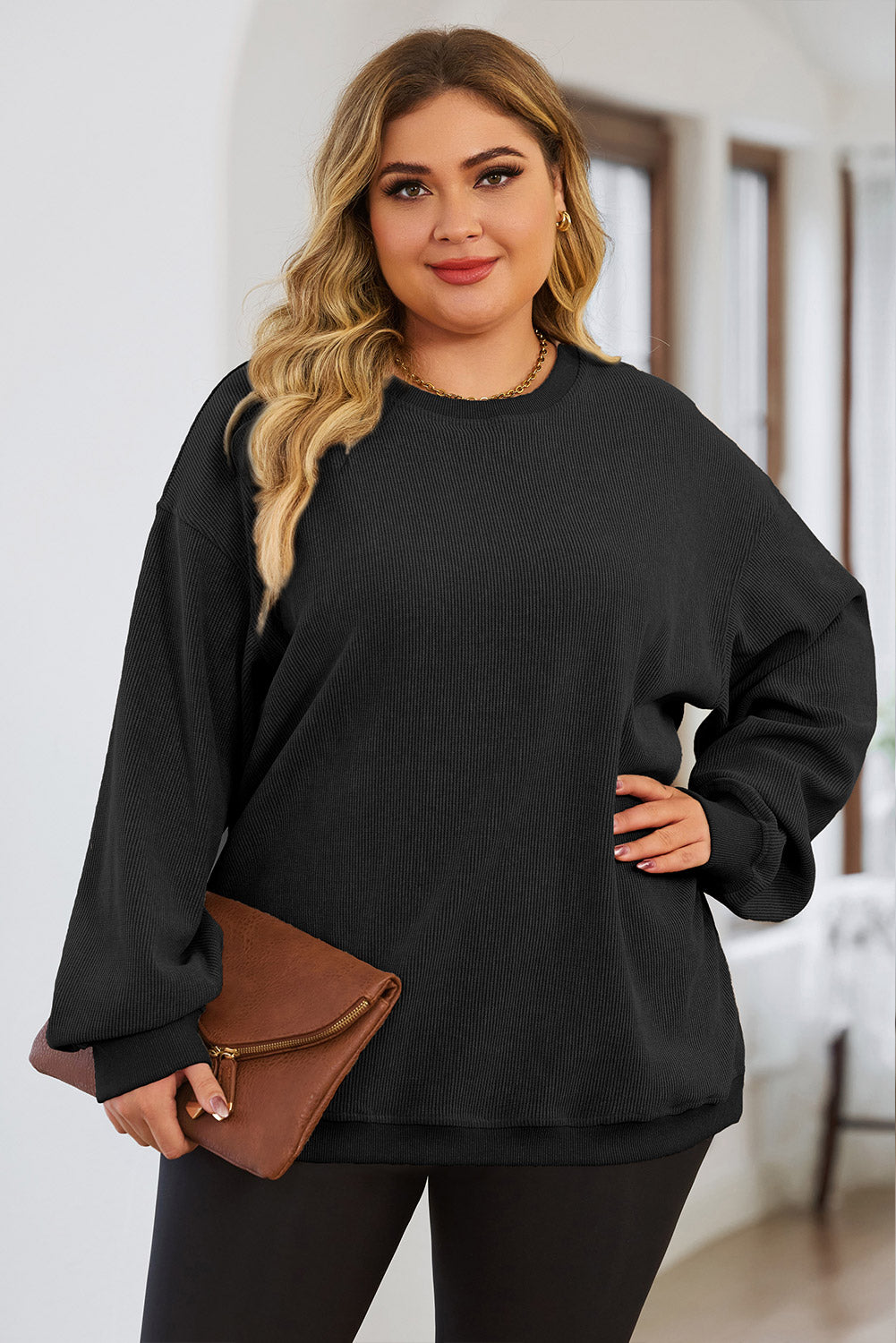 Black Plus Size Corded Round Neck Sweatshirt