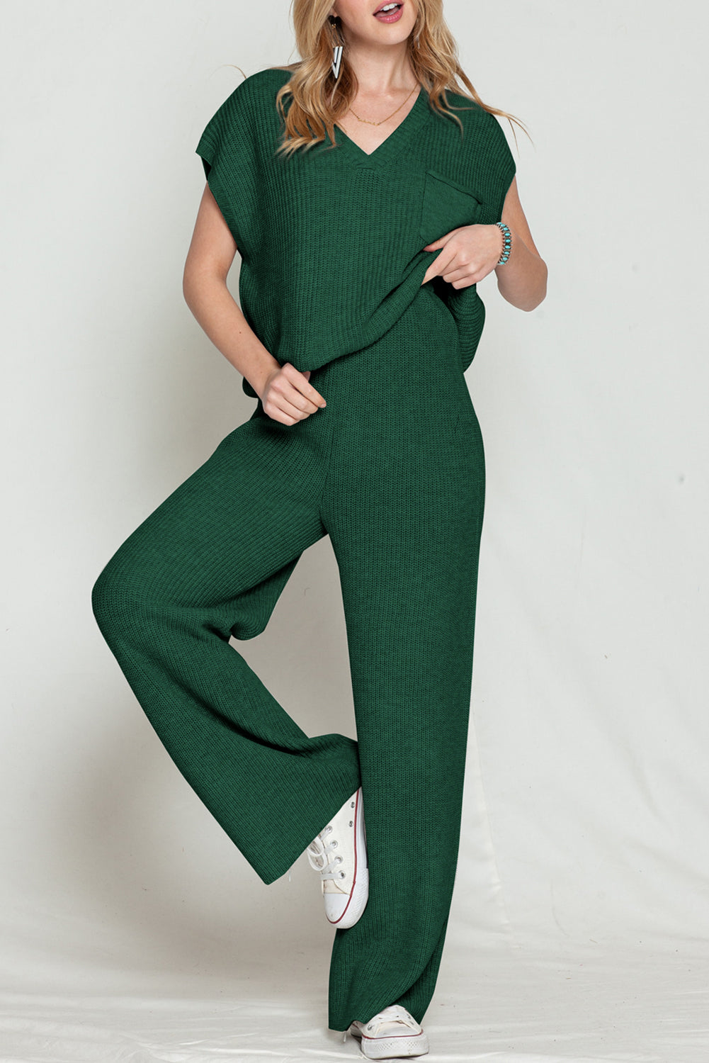 Green Knitted V Neck Sweater and Wide Leg Pants Set