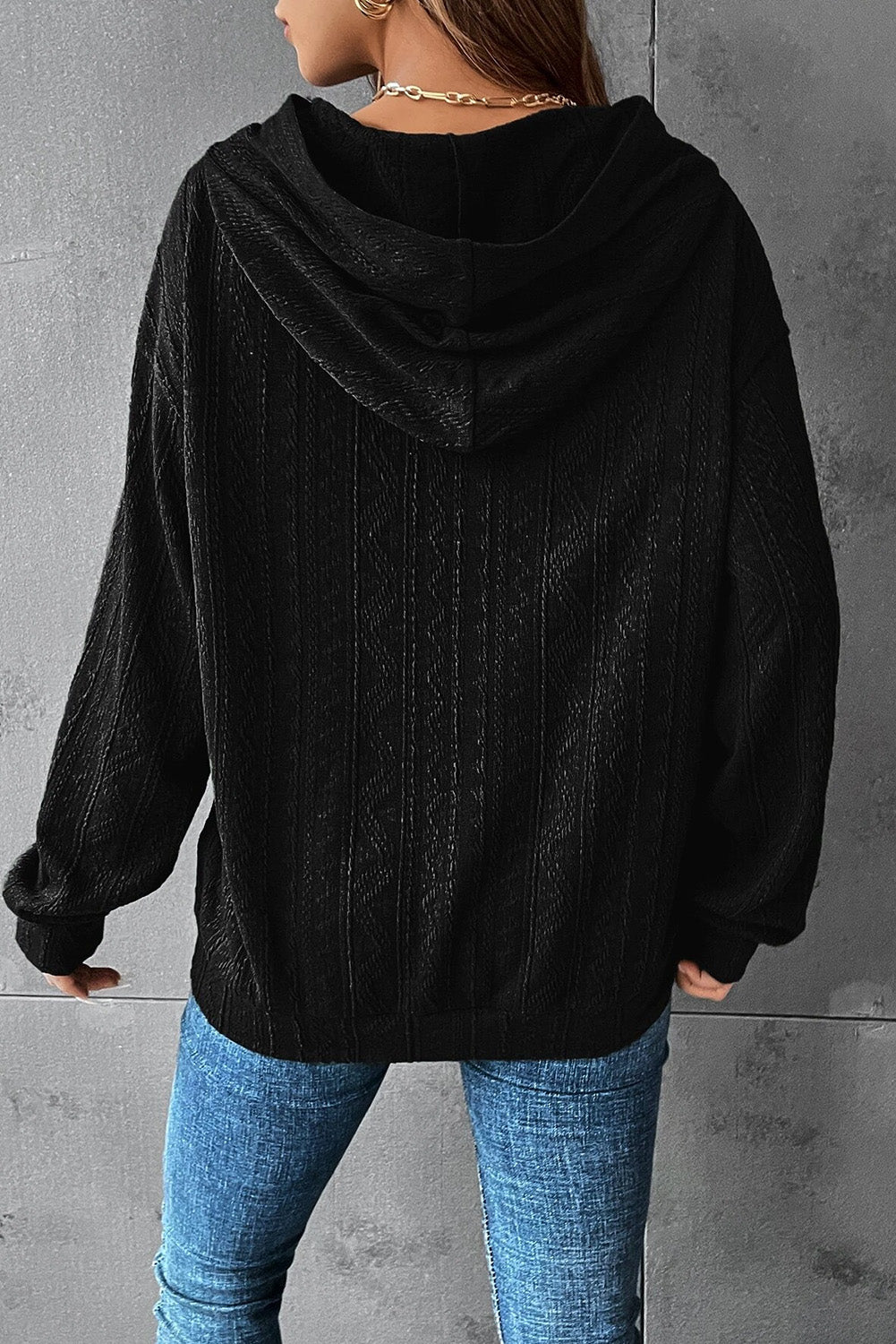 Dark Grey Casual Ribbed Knit Hoodie