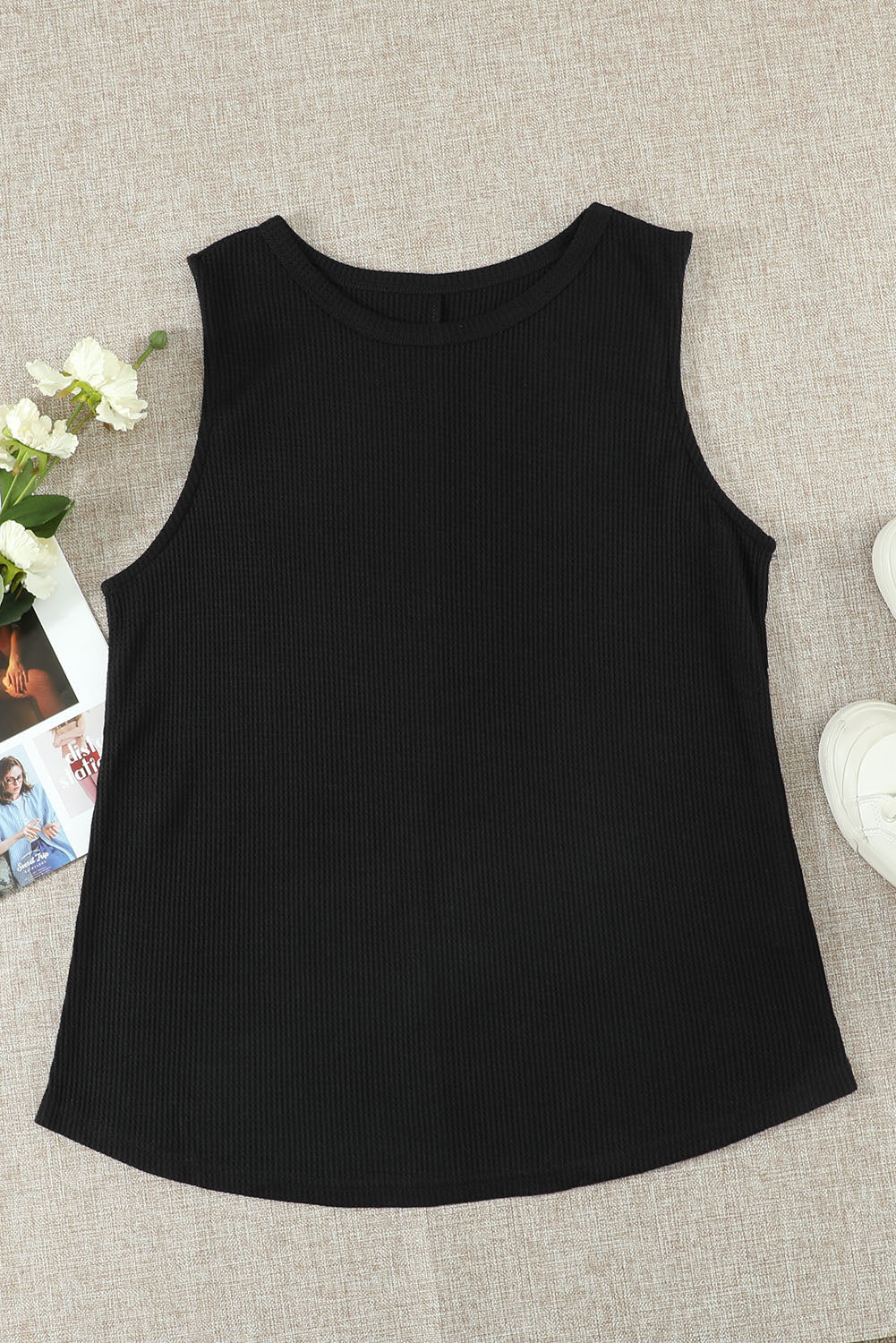 Black Crew Neck Basic Waffle Tank Top