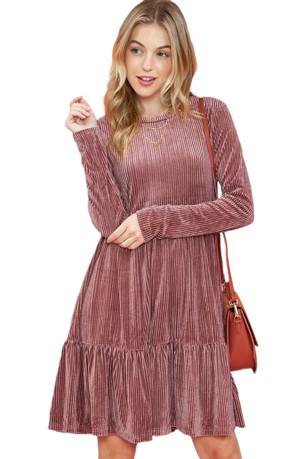 Apricot Pink Ribbed Tiered Velvet Mini Dress