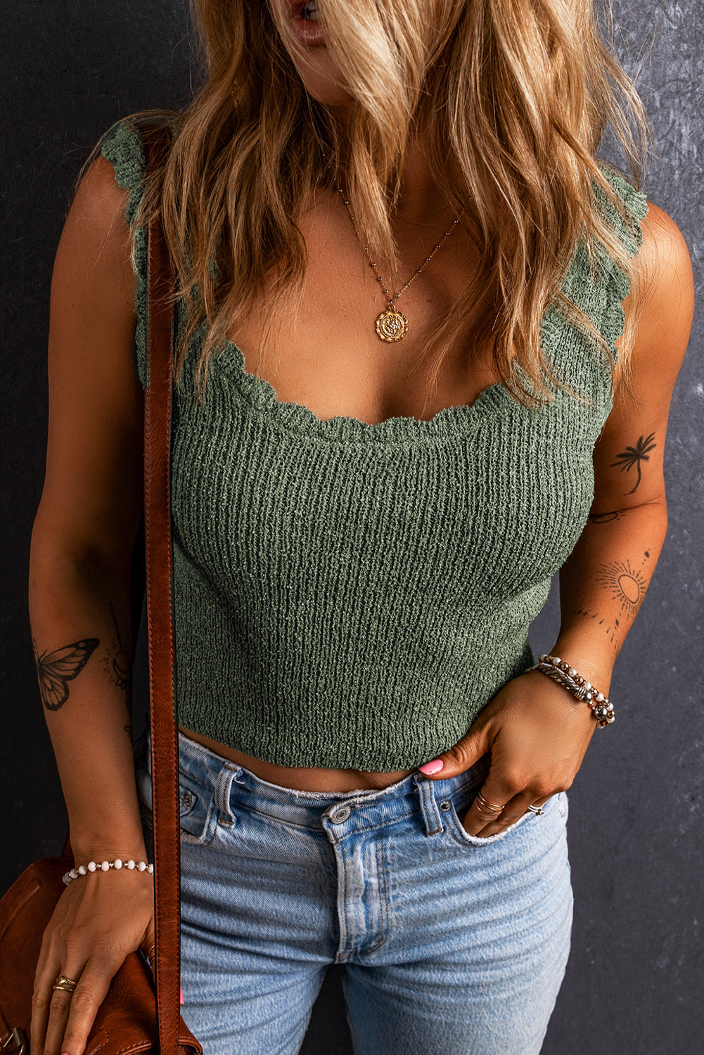 Mist Green U Neck Scallop Trim Knit Tank Top