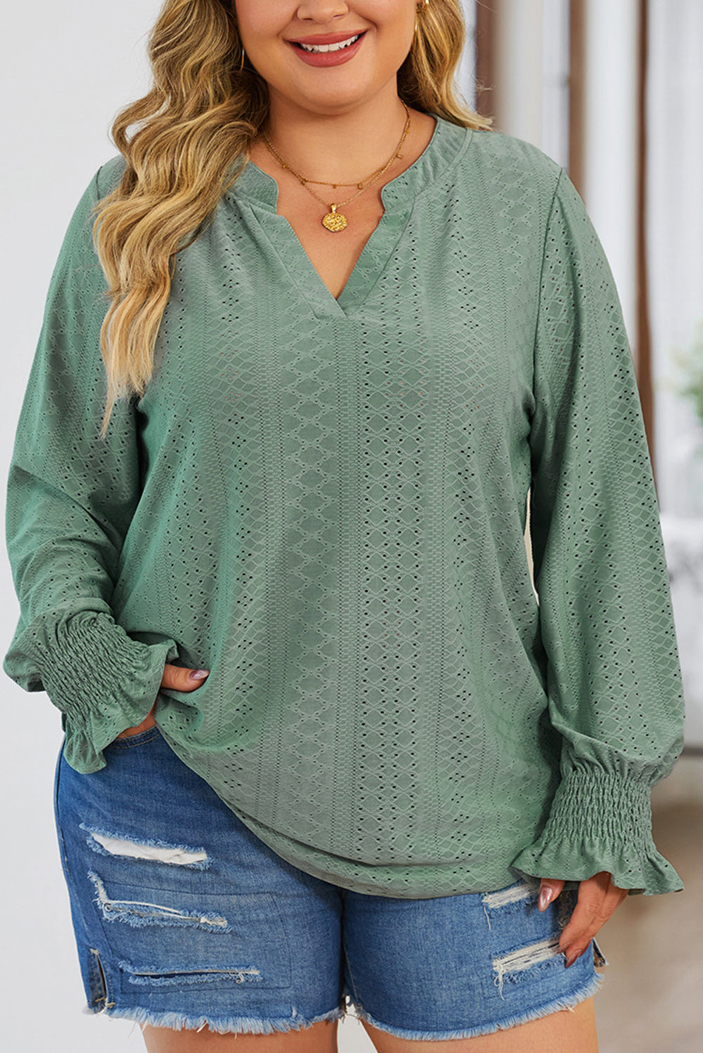 Green Eyelet Jacquard Split Neck Flounce Sleeve Plus Size Blouse