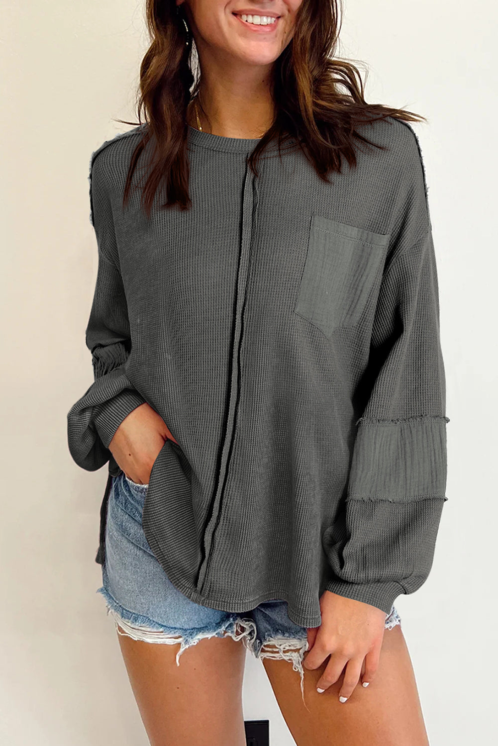 Gray Waffle and Crinkle Patchwork Long Sleeve Top