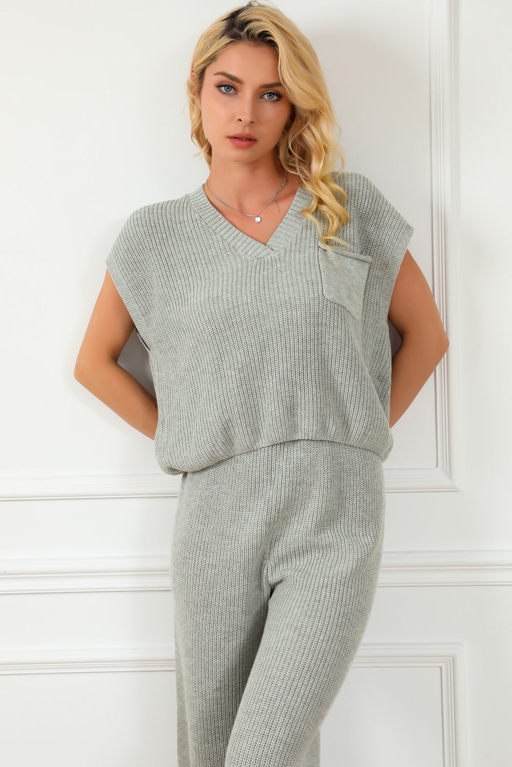 Green Knitted V Neck Sweater and Wide Leg Pants Set