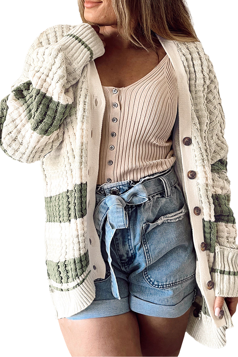 White Plus Size Color Block Cable Knit Buttoned Cardigan