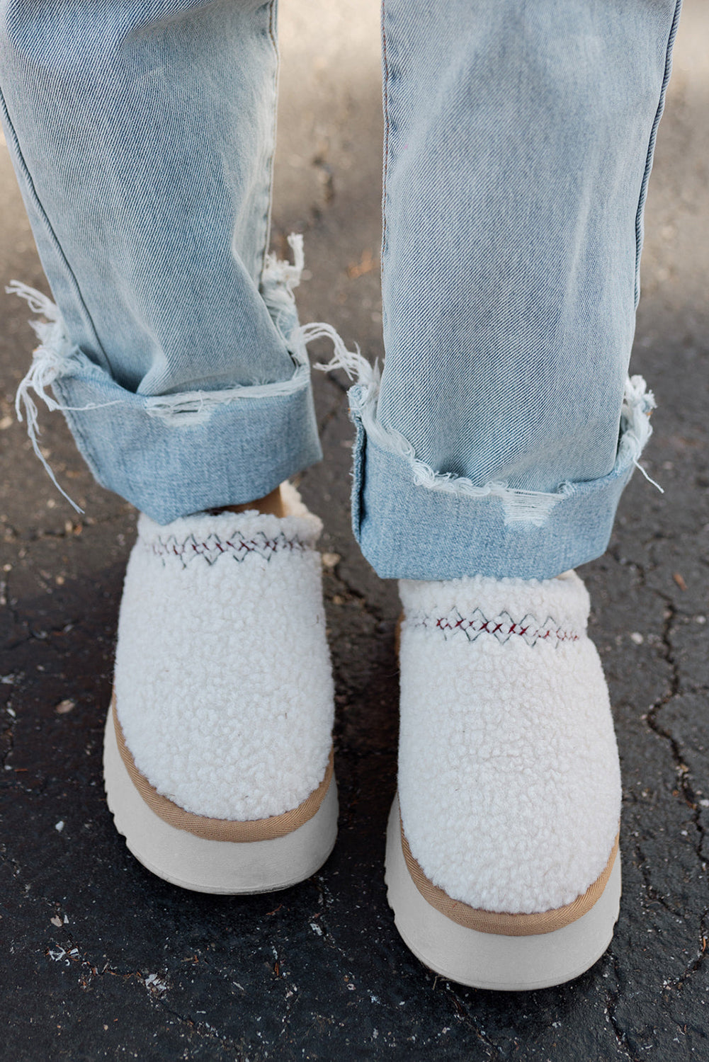 White Suede Contrast Print Plush Thick Sole Snow Boots