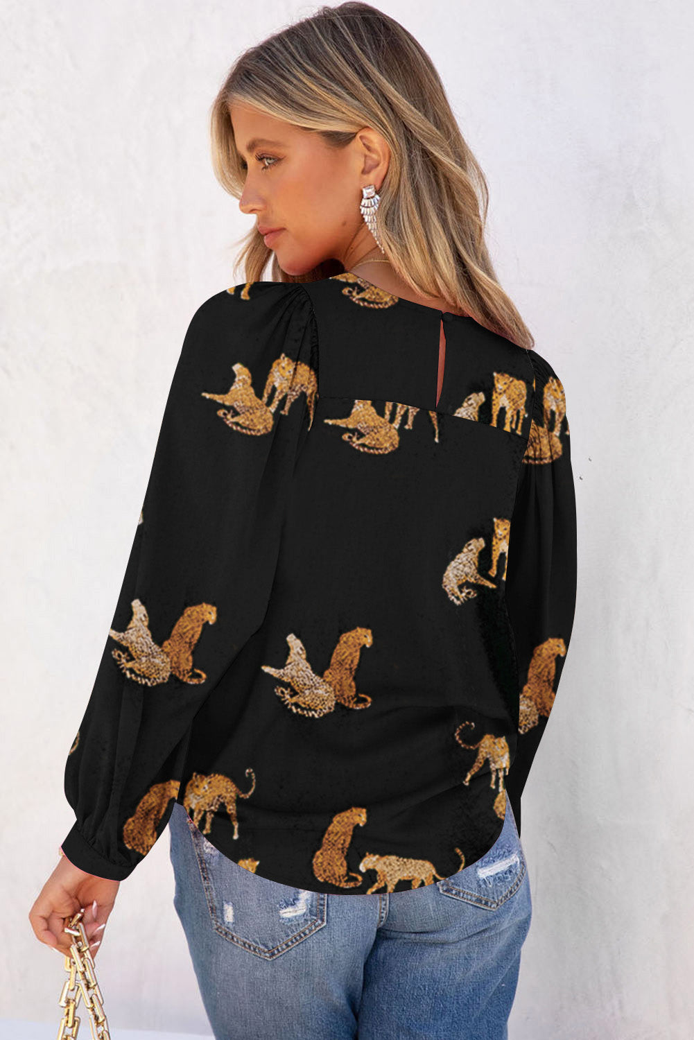 Black Cheetah Print Bubble Sleeve Crewneck Blouse