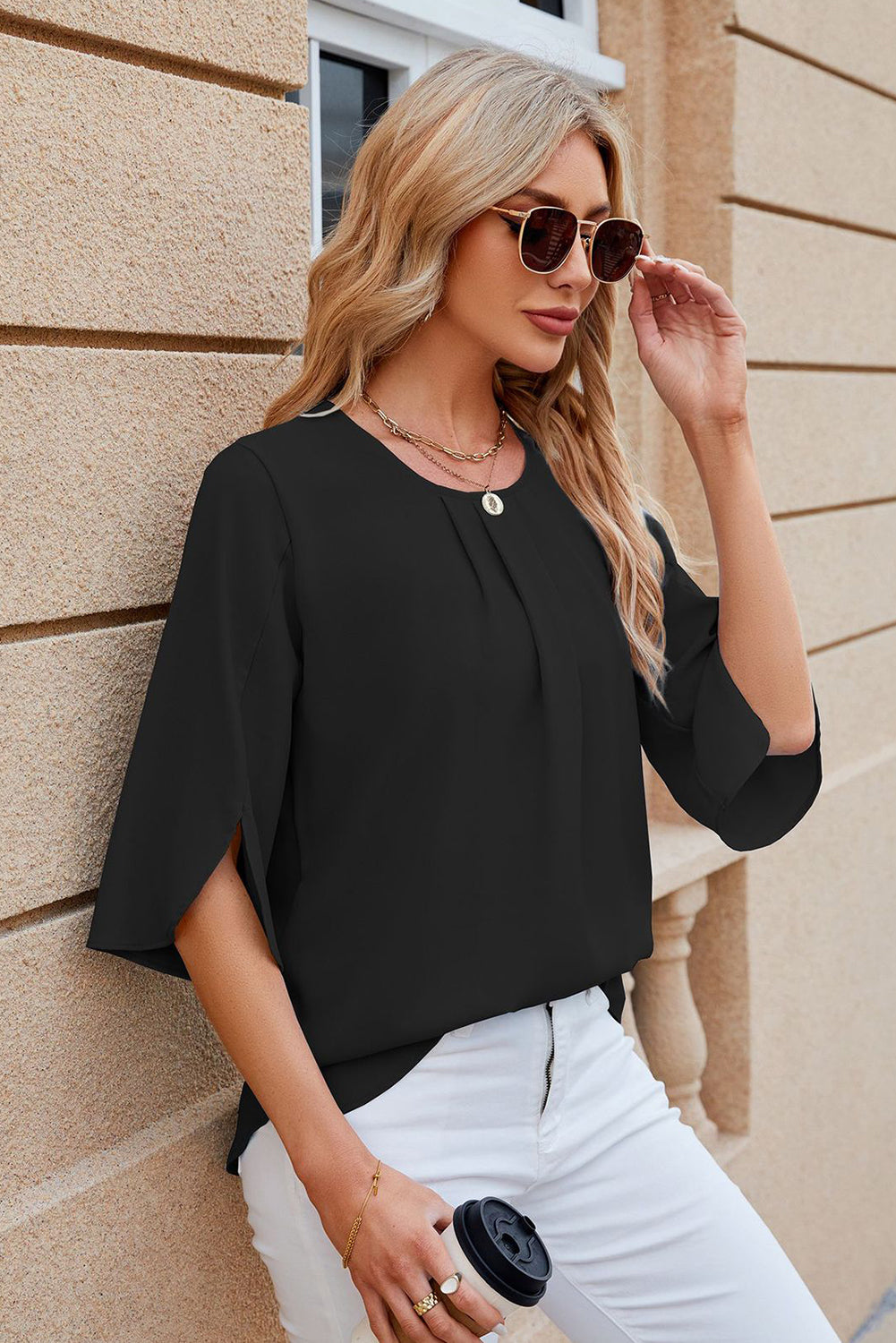 Black Solid Color Half Sleeve Loose Chiffon Blouse