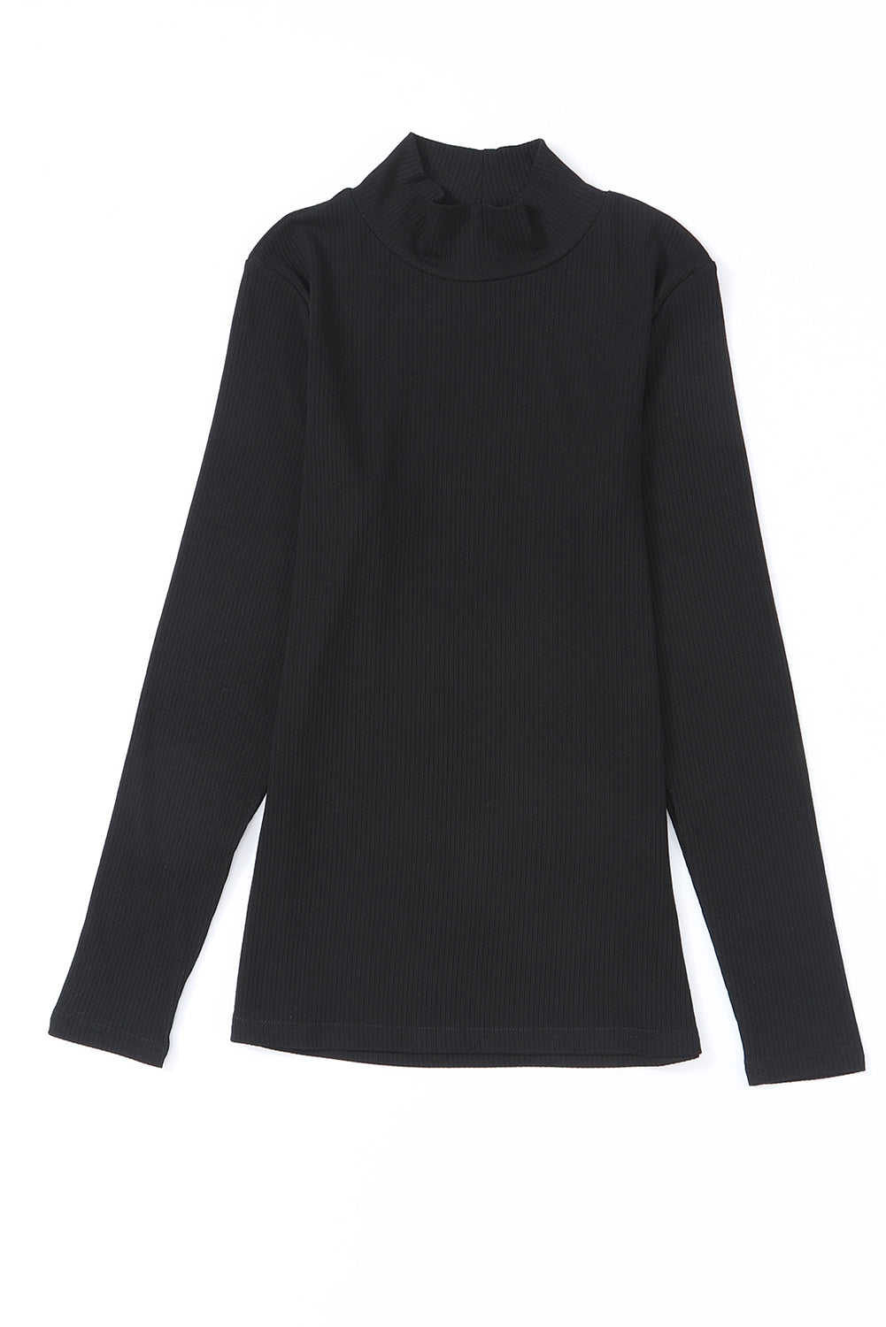 Black Plain Solid Color Ribbed Long Sleeve Mock Neck Top