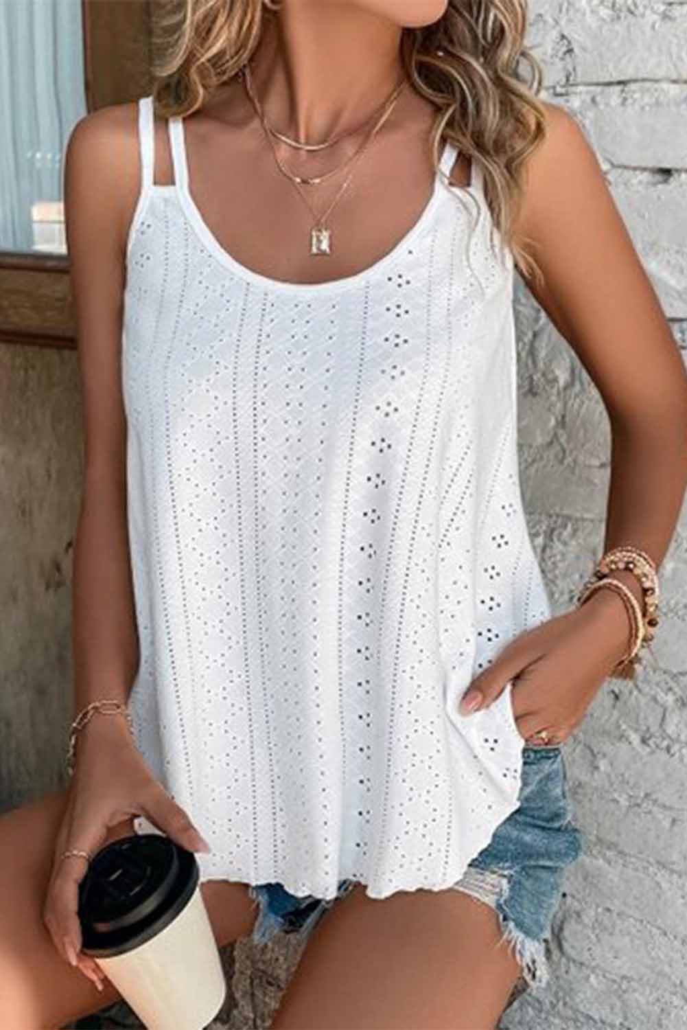 Pink Eyelet Strappy Scoop Neck Tank Top