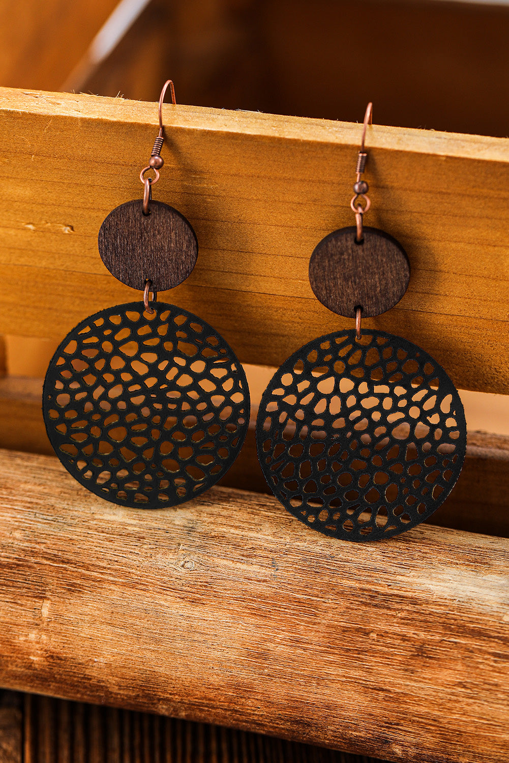 Black Hollow Out Bohemian Wooden Pendant Drop Earrings