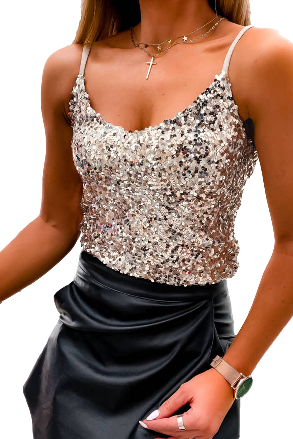 Light Beige Adjustable Spaghetti Straps Sequins Camisole