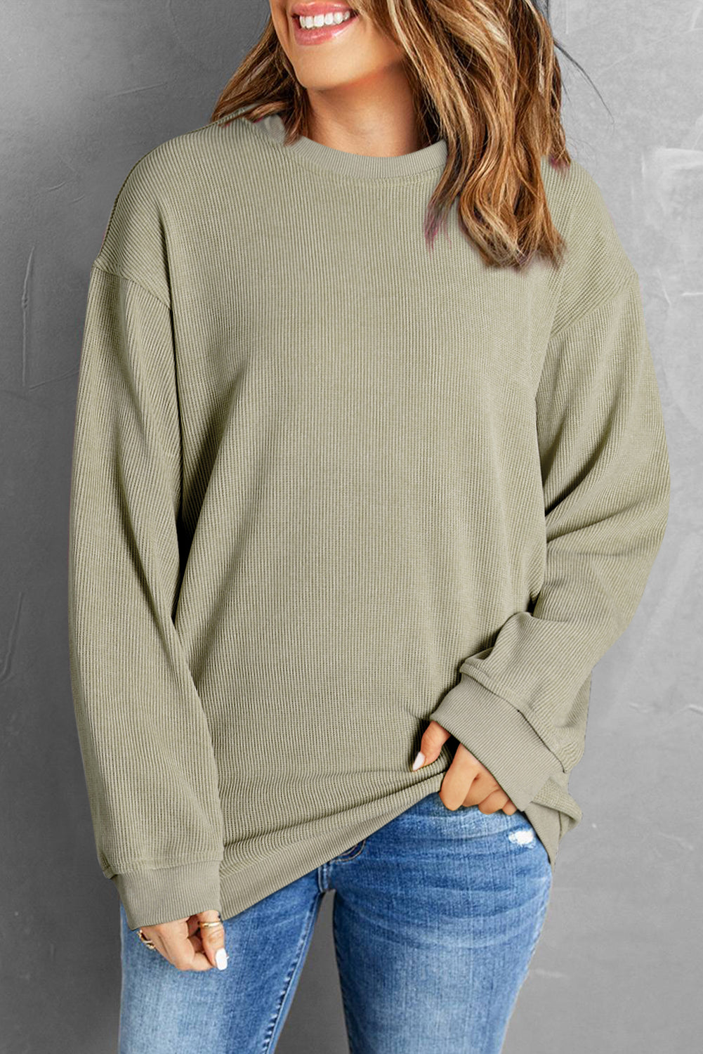 Khaki Solid Ribbed Round Neck Pullover Sweatshirt