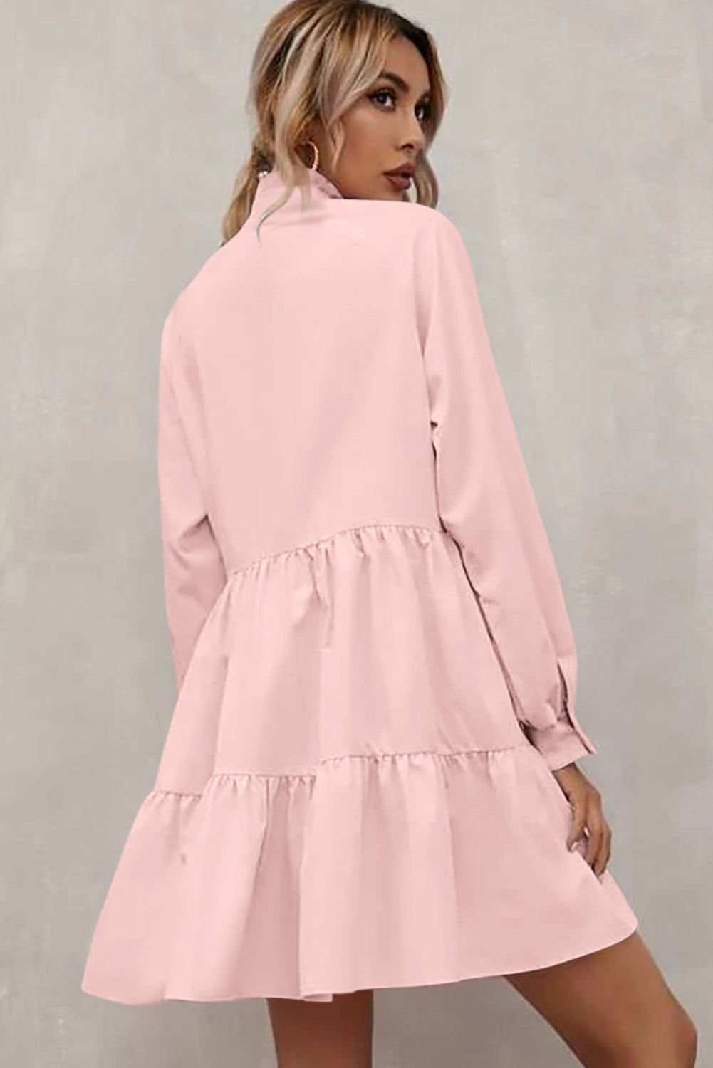 Pink Elegant Stand V Neck Short Frill Dress