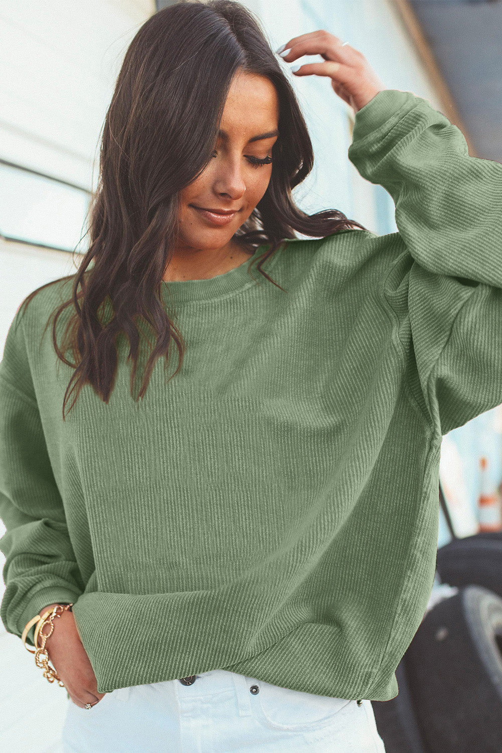 Light Grey Drop Shoulder Ribbed Oversized Sweatshirt