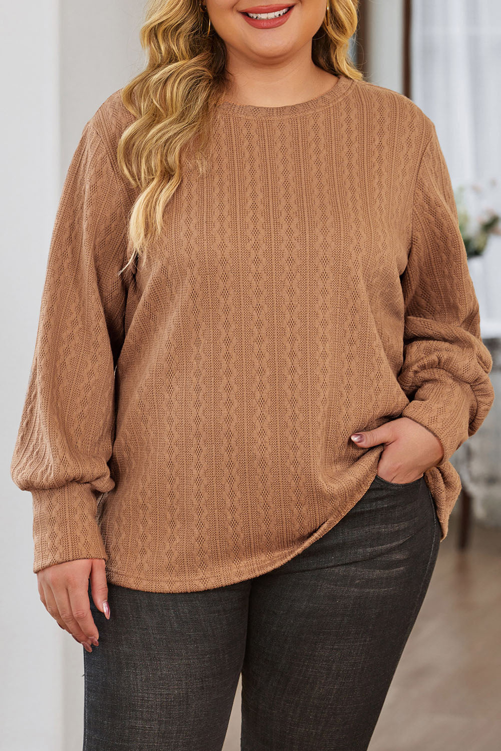 Khaki Casual Subtle Cable Knit Plus Size Sweater