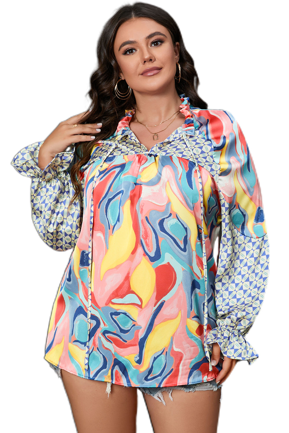 Multicolour Abstract Print Drawstring V Neck Plus Size Blouse