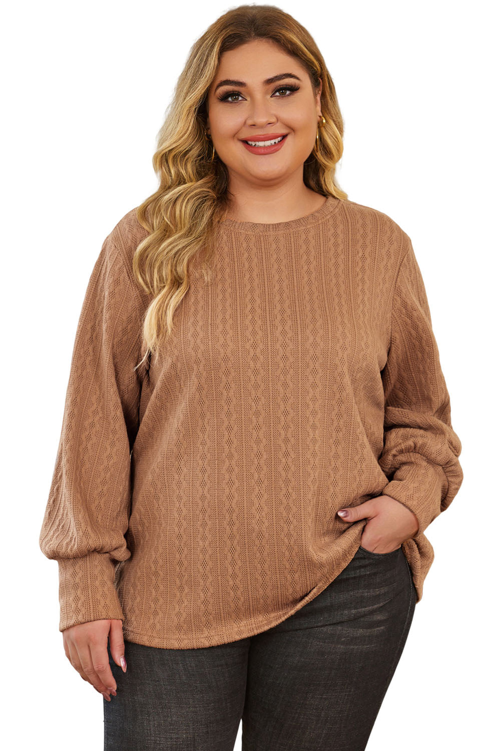 Khaki Casual Subtle Cable Knit Plus Size Sweater