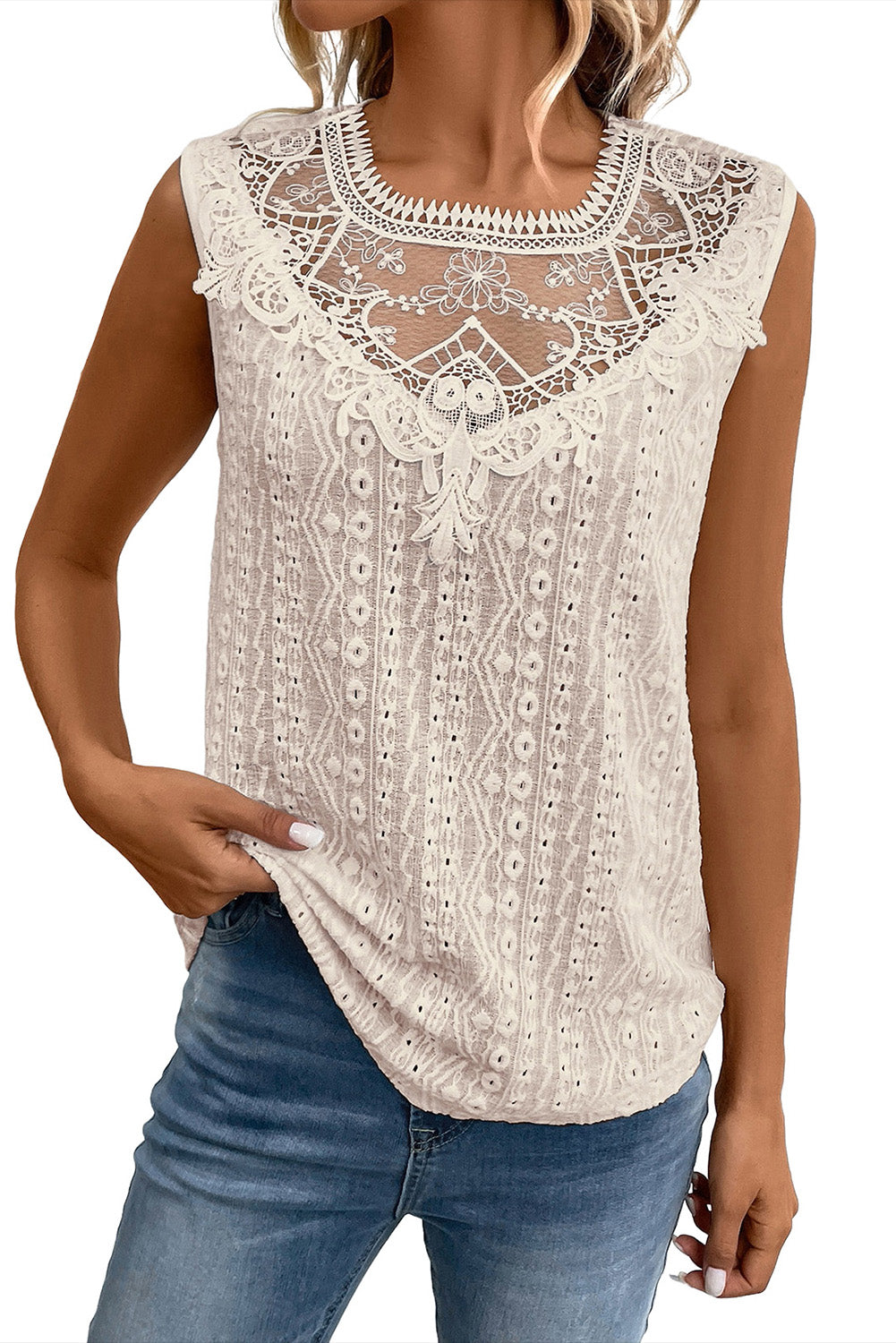 Apricot Guipure Lace Crochet Keyhole Back Sleeveless Top