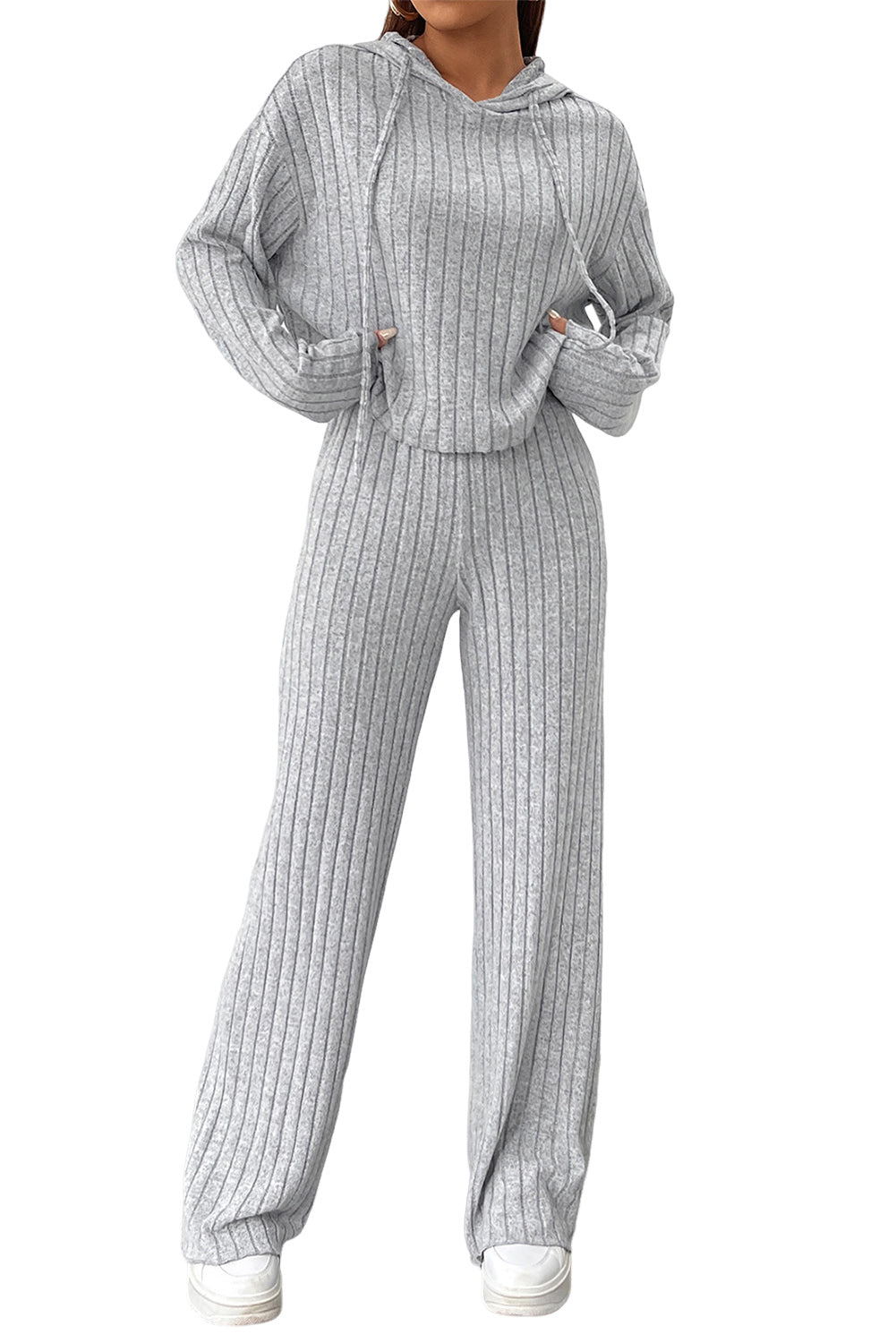 Gray Ribbed Knit Slouchy Hoodie Wide Leg Pants Set