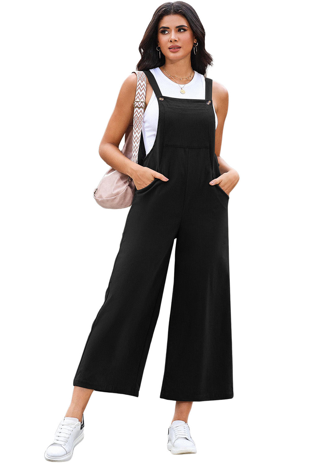 Black Corduroy Side Pockets Wide Leg Overalls Jumpsuits