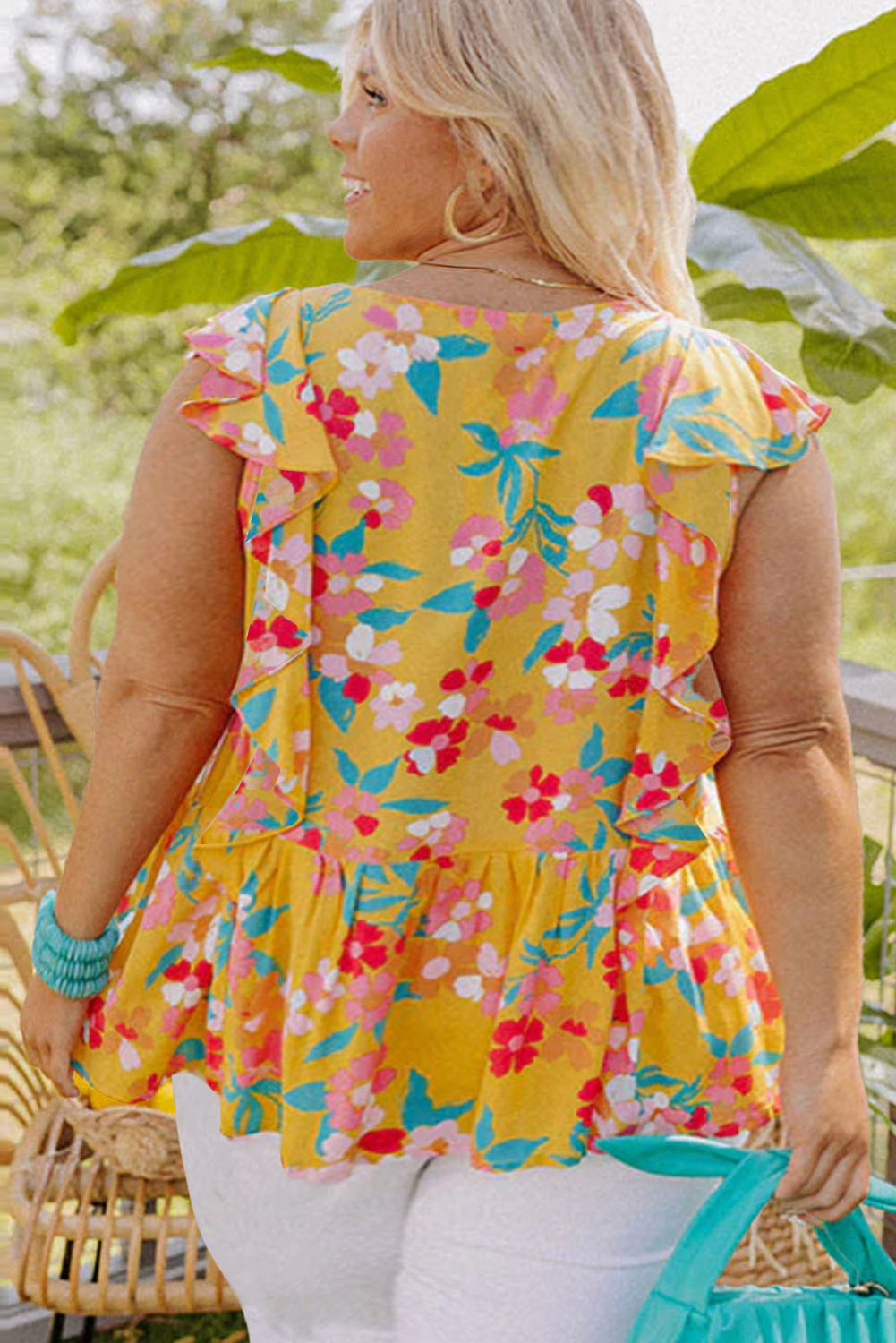 Yellow Plus Size Floral Print Trim Tie Neck Ruffle Sleeveless Shirt