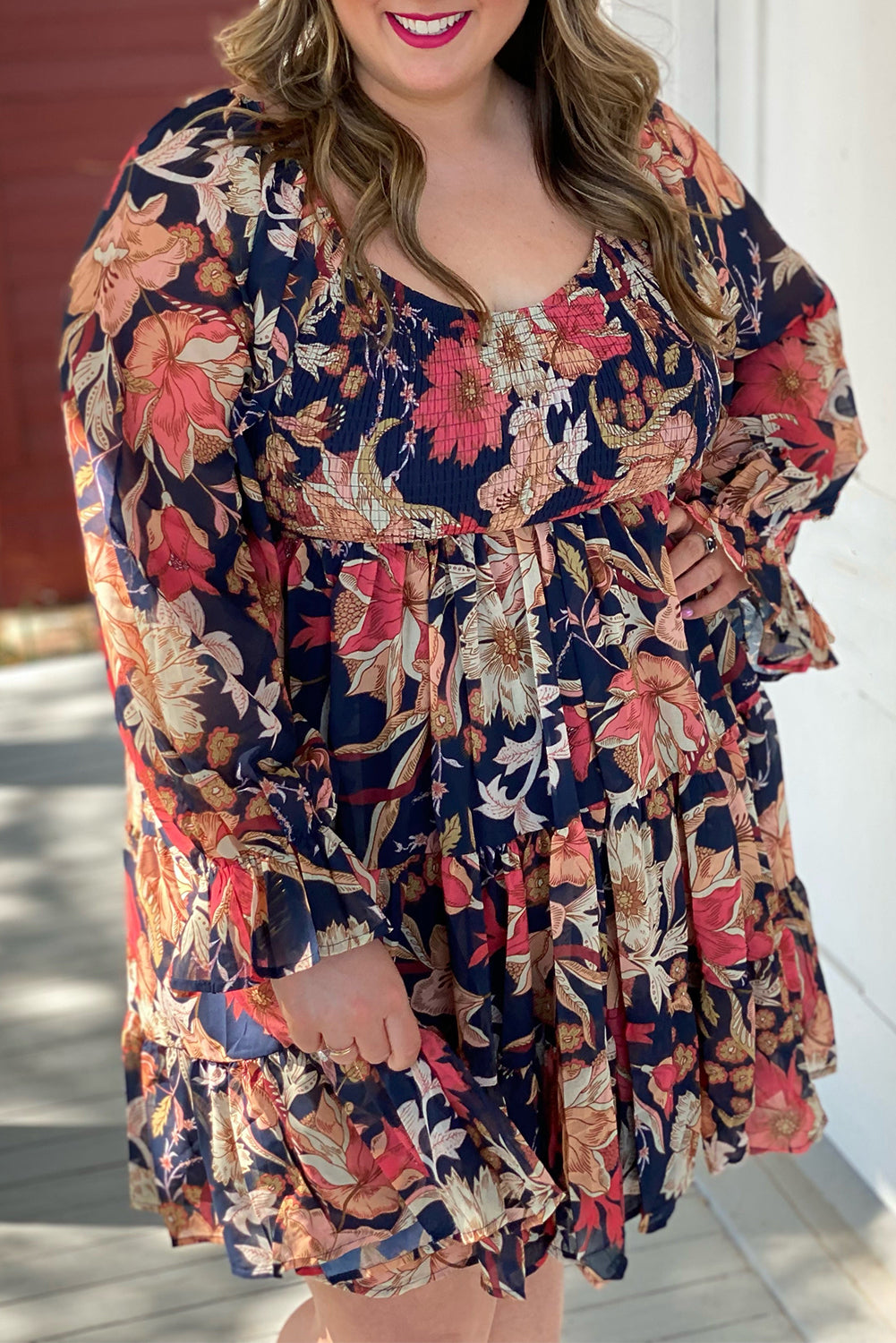 Black Plus Size Floral Smocked Ruffle Sleeve Dress