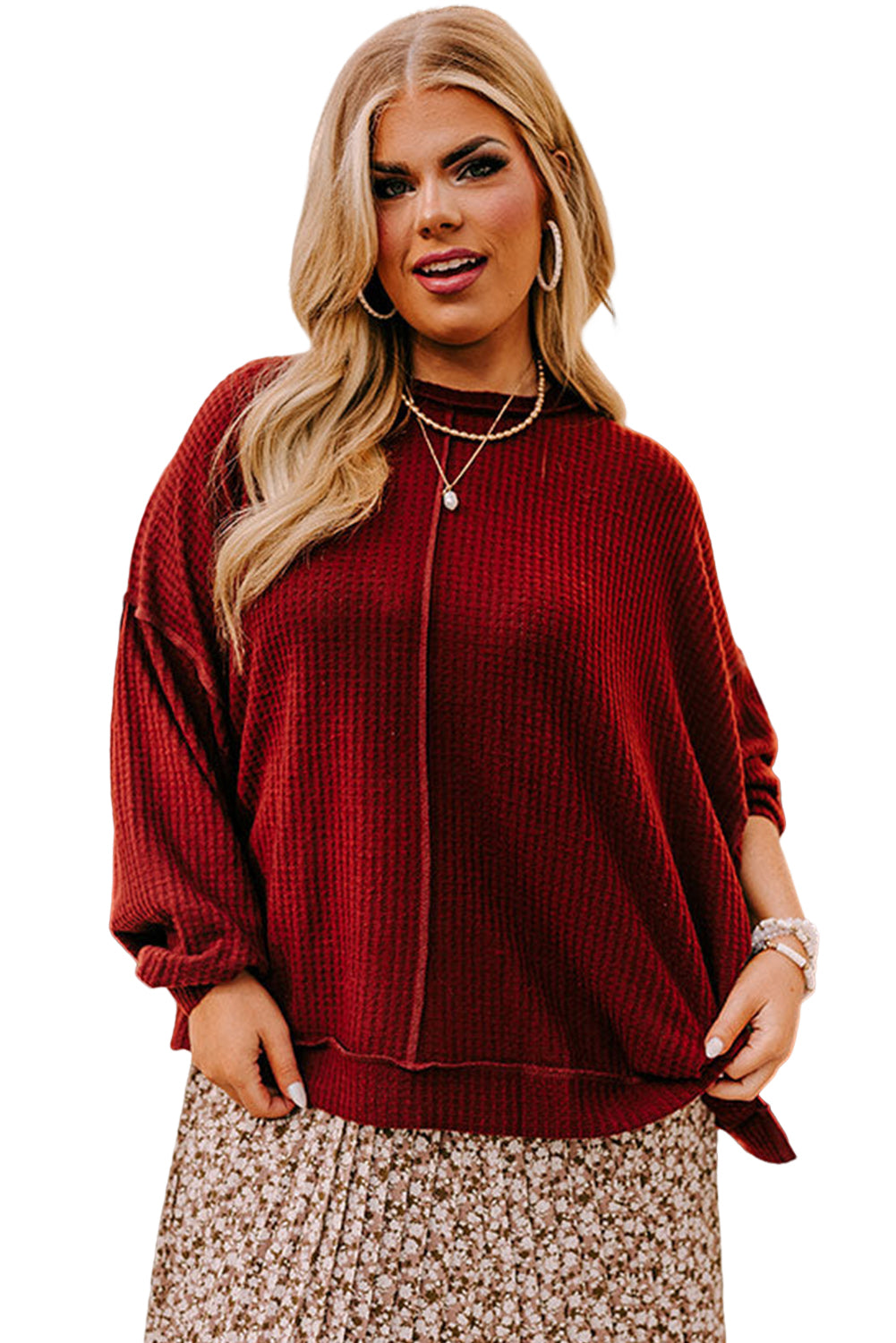 Gold Flame Exposed Seam Detail Waffle Knit Plus Size Top