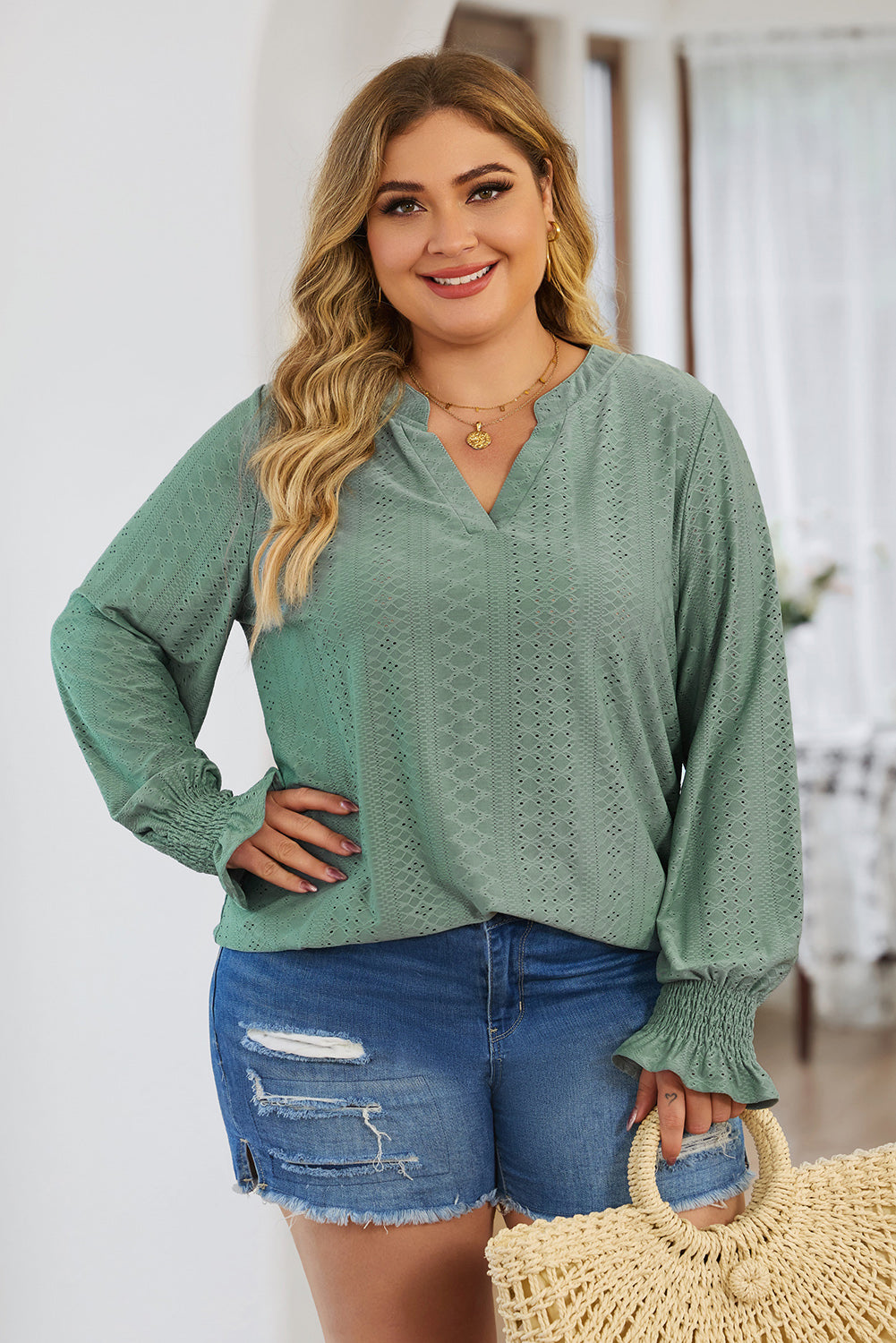 Green Eyelet Jacquard Split Neck Flounce Sleeve Plus Size Blouse