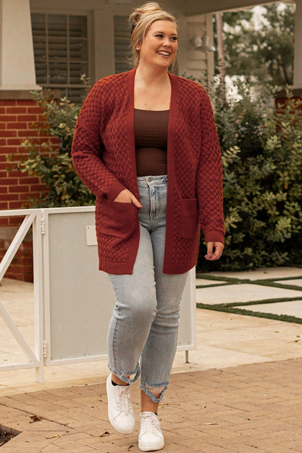 Chestnut Weave Knit Side Pockets Plus Size Cardigan