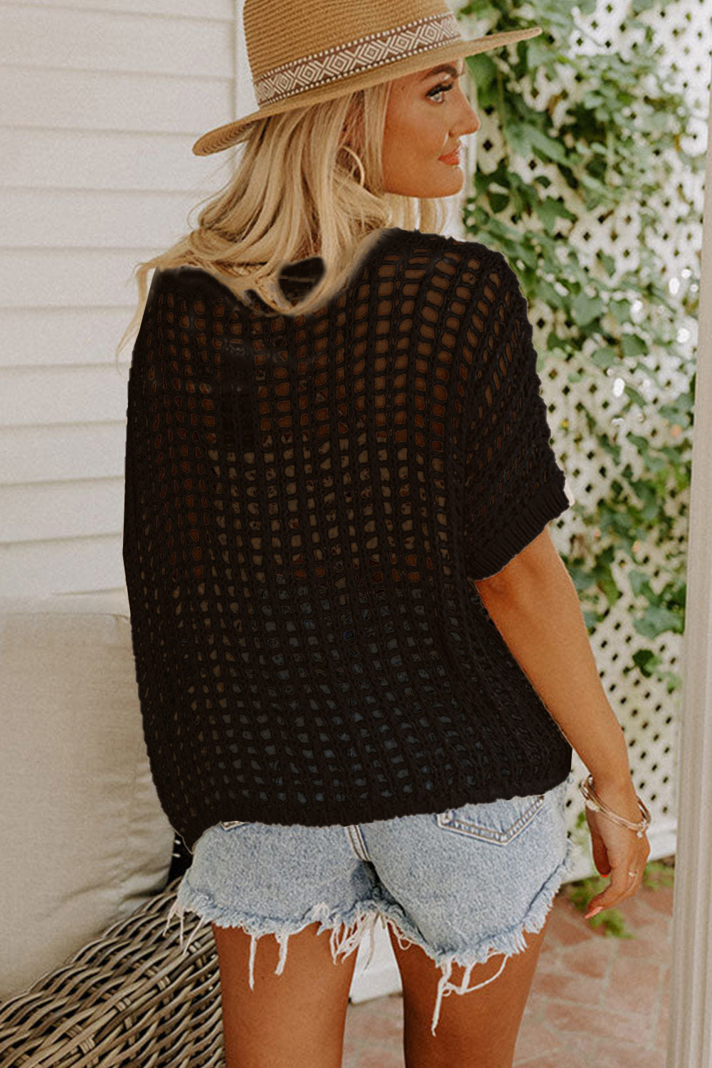 Black Fishnet Knit Ribbed Round Neck Short Sleeve Tee