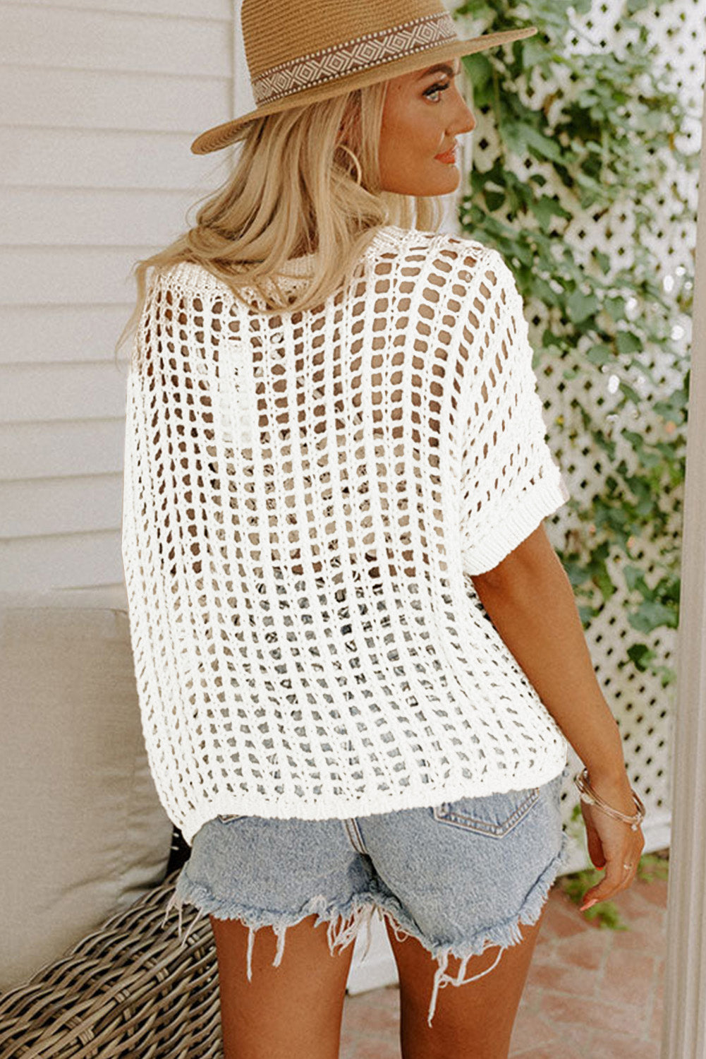 Black Fishnet Knit Ribbed Round Neck Short Sleeve Tee