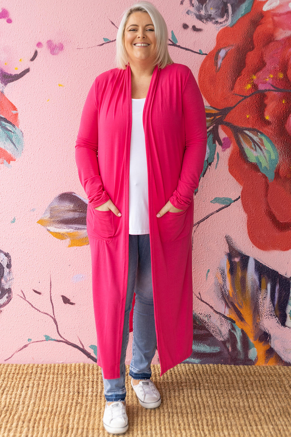 Strawberry Pink Plus Size Side Split Pockets Duster Cardigan