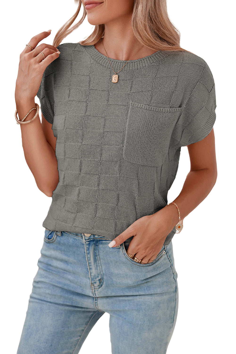 Dusty Pink Lattice Textured Knit Short Sleeve Baggy Sweater