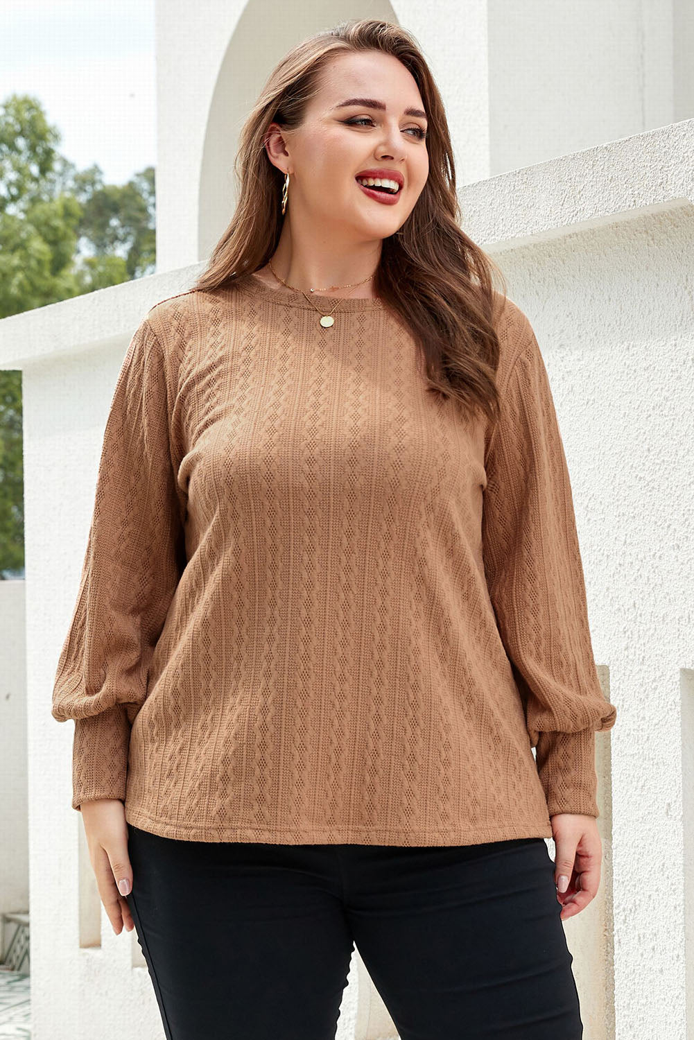 Khaki Casual Subtle Cable Knit Plus Size Sweater