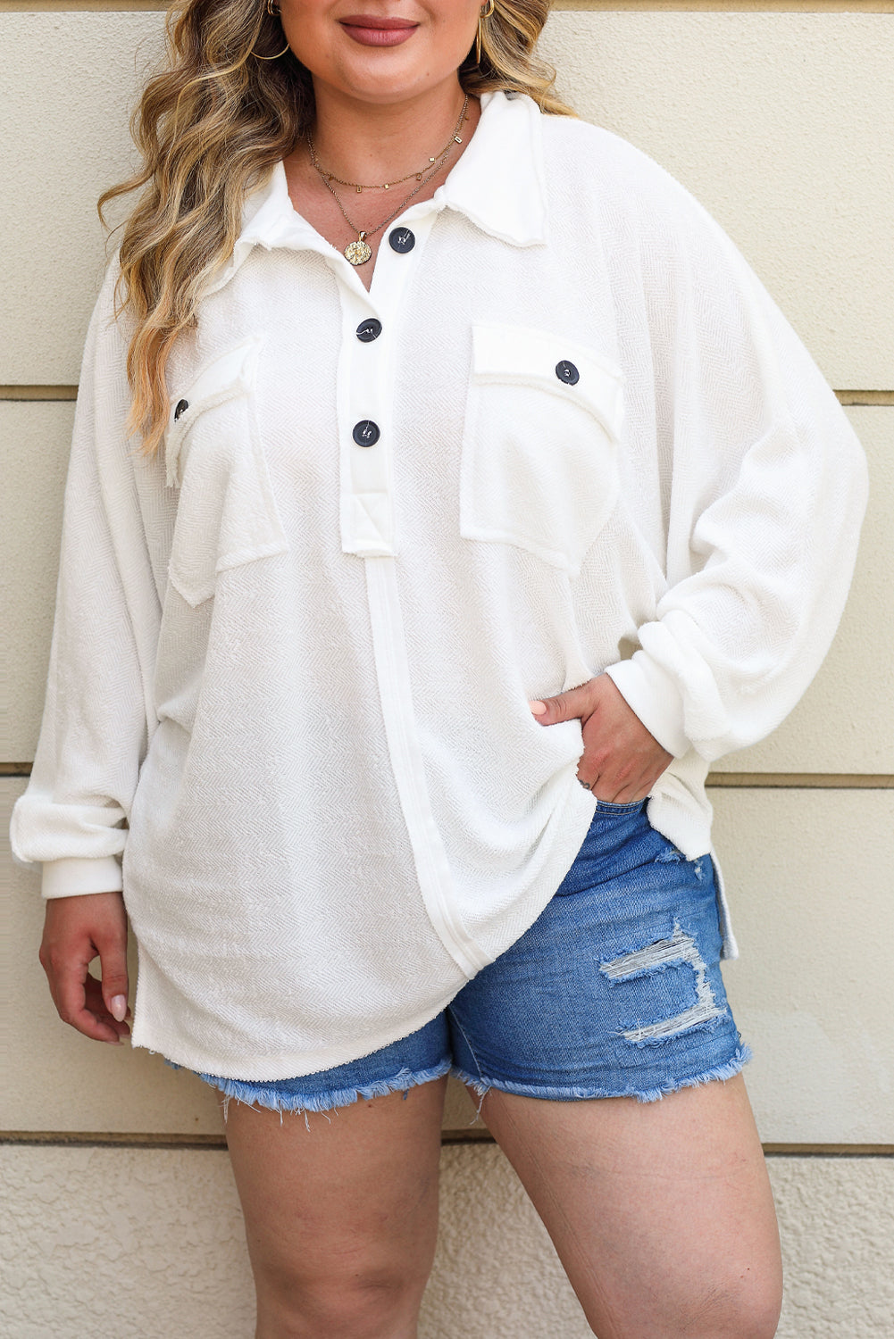 Black Plus Size Long Sleeve Flap Pocket Henley Top