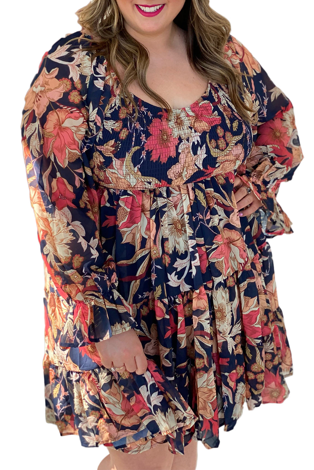 Black Plus Size Floral Smocked Ruffle Sleeve Dress