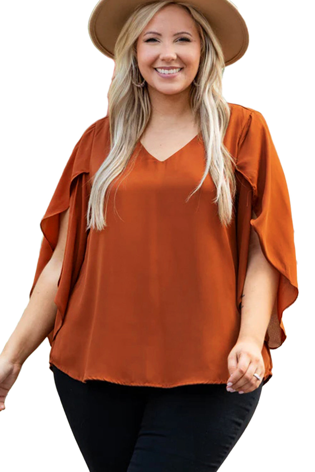 Gold Flame Plus Size Solid Wrapped Ruffled Sleeve V Neck Blouse