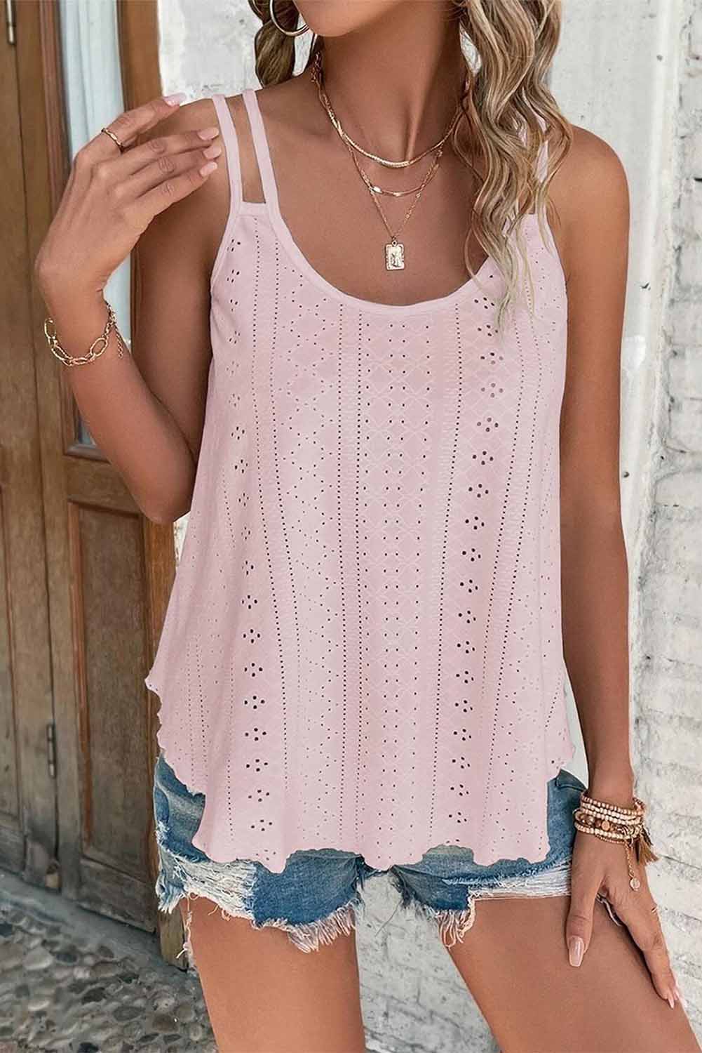 Pink Eyelet Strappy Scoop Neck Tank Top