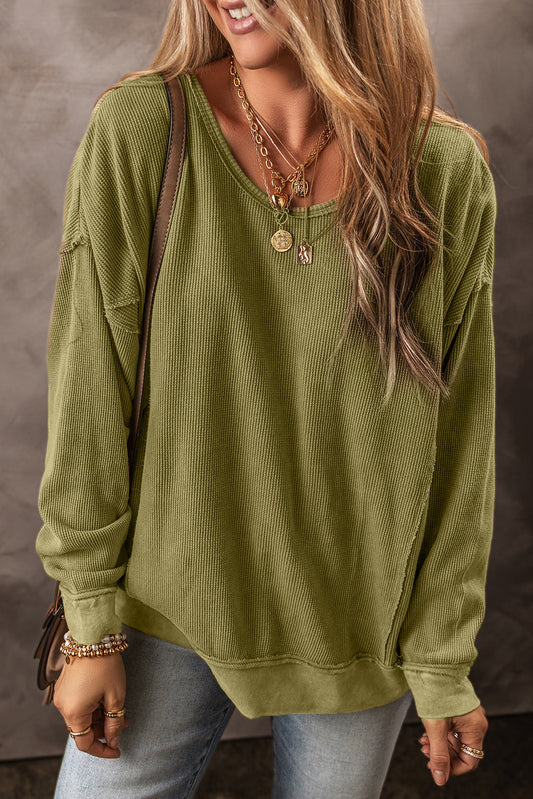 Green Waffle Textured Exposed Seamed Drop Sleeve Sweatshirt