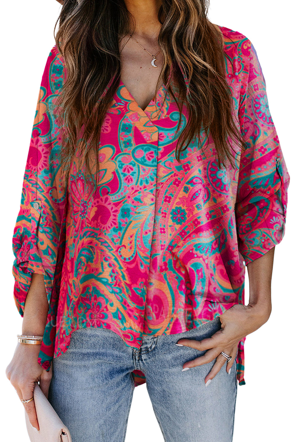 Rose Red Paisley Print Tab Sleeve V-Neck Boho Blouse