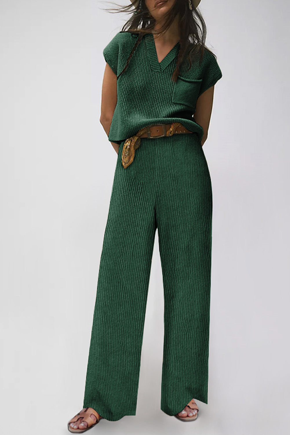 Green Knitted V Neck Sweater and Wide Leg Pants Set