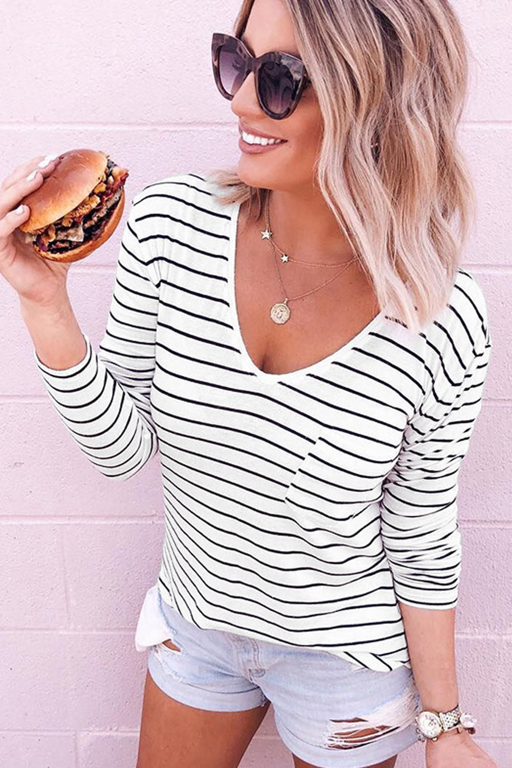 Black & White Stripes Patch Pocket Long Sleeve Shirt