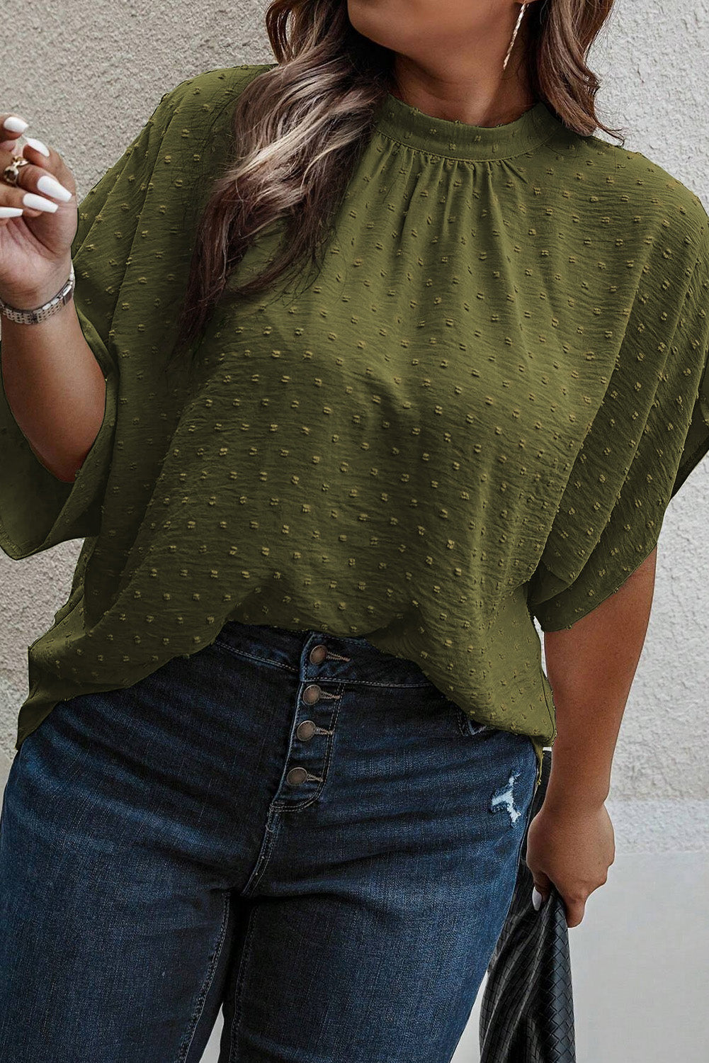 Moss Green Plus Size Swiss Dot Mock Neck Top