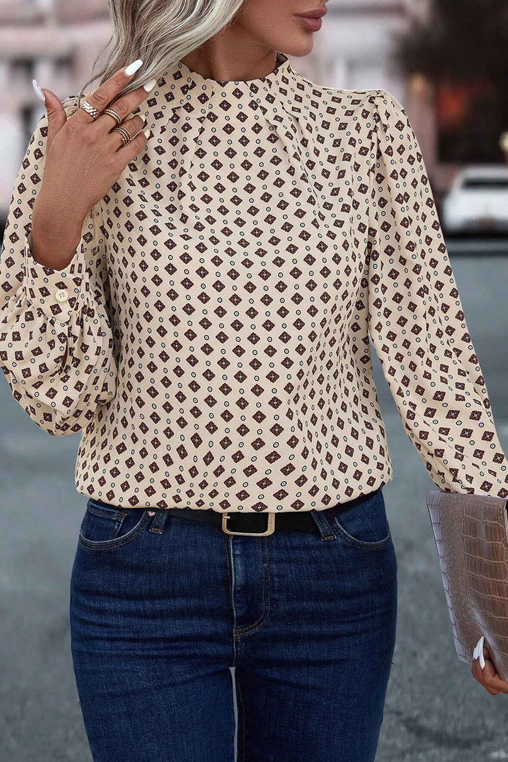 Apricot Geometric Puff Sleeve Keyhole Back Blouse