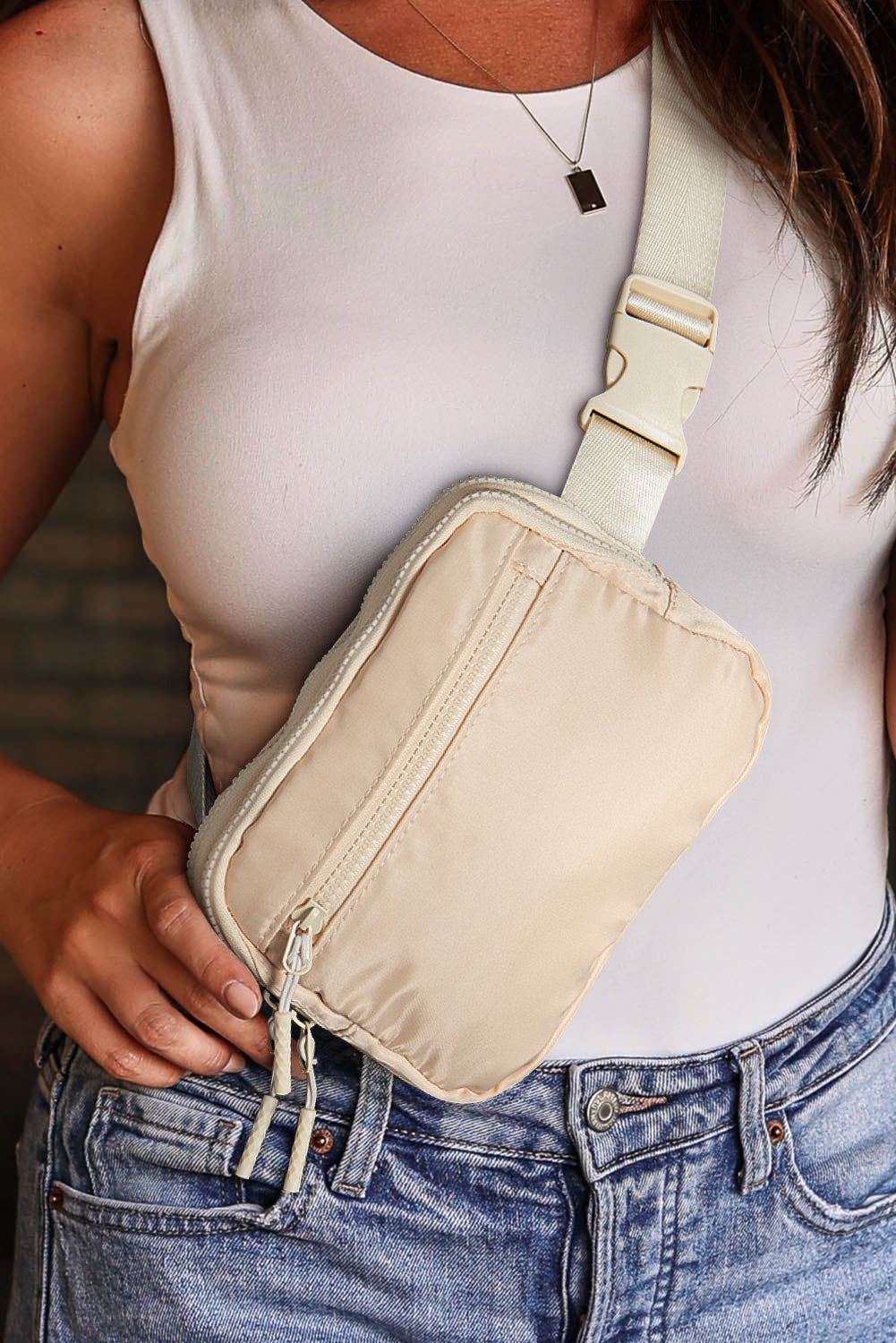 White Wide Belt Zipped Square Crossbody Bag